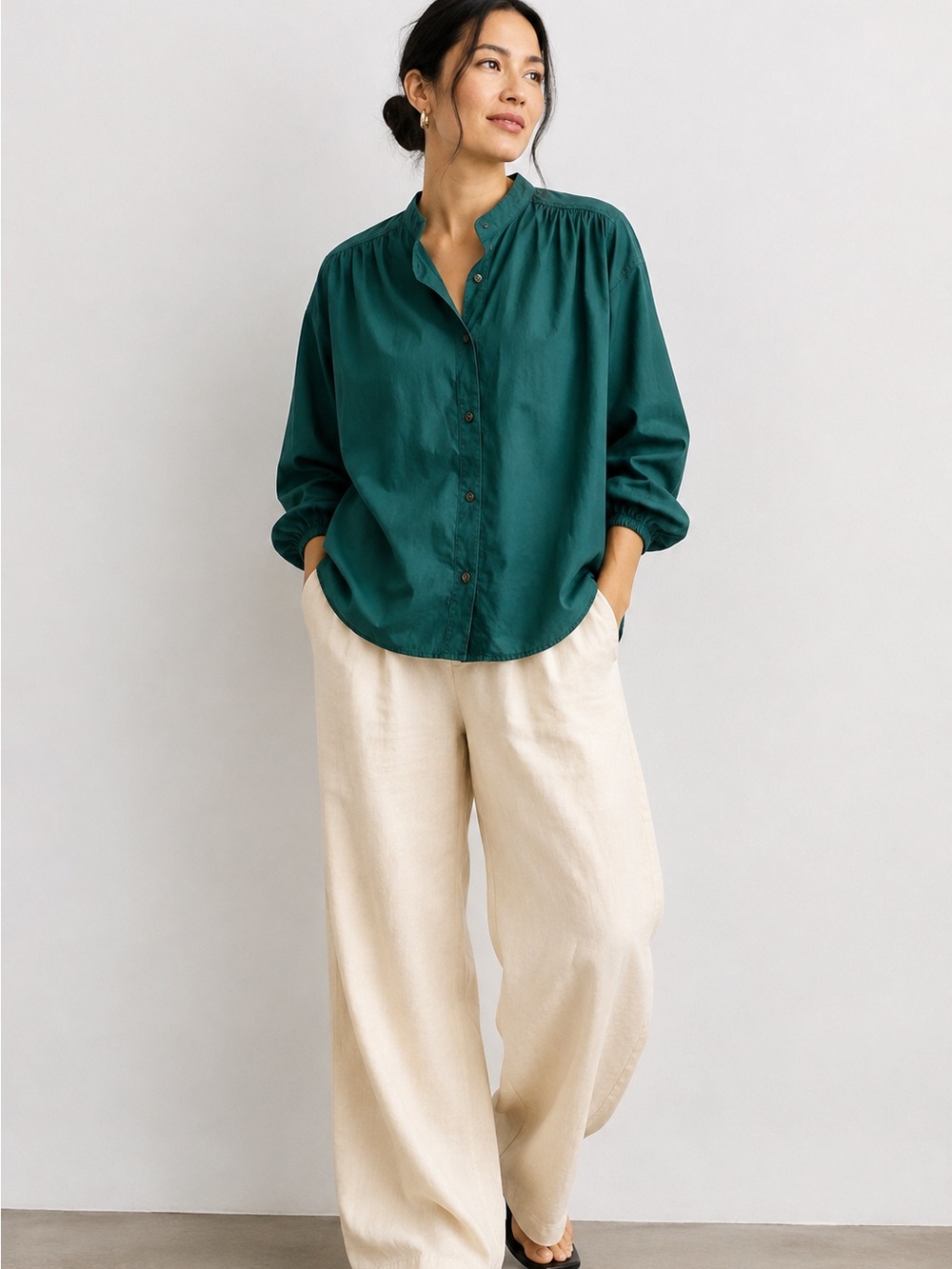 Na Nin Oversized Cotton Popover Button Front Blouse Green USA Sz 1 Small